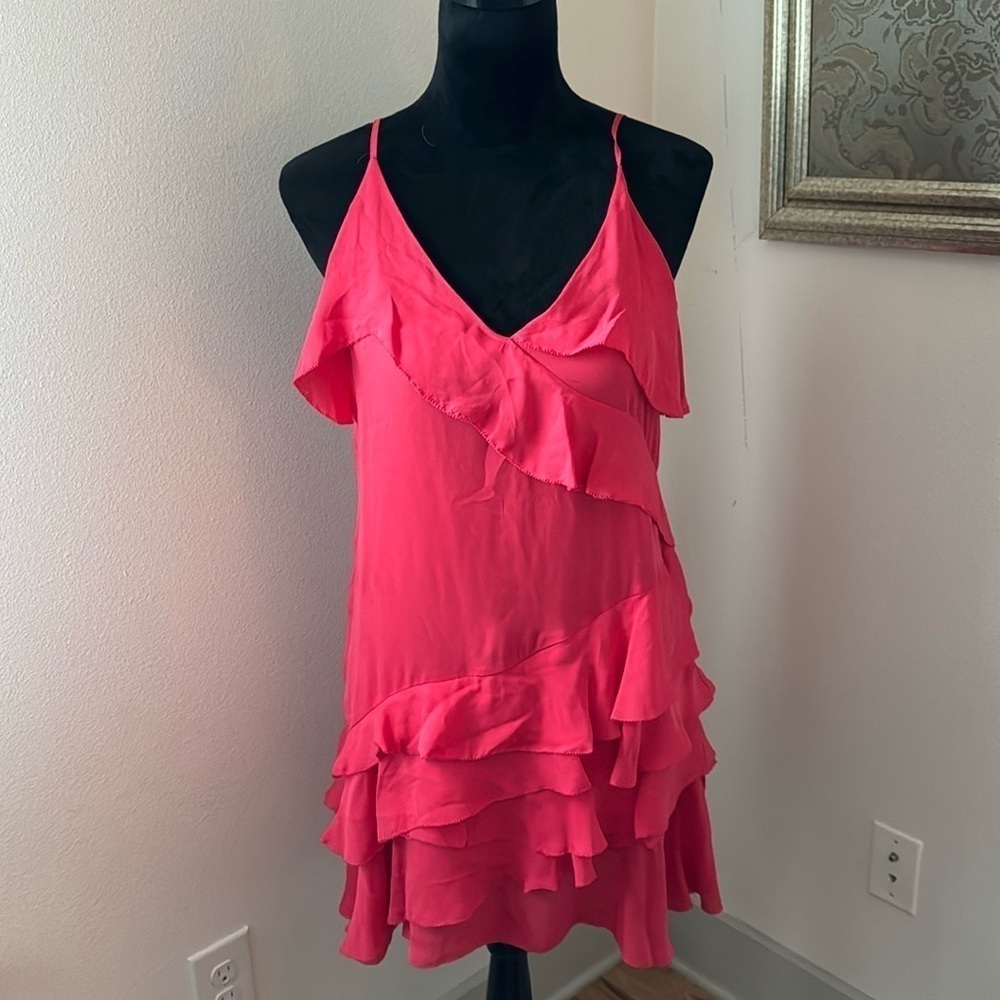 Parker coral Athens Silk Tiered Ruffled Mini Dress Sz S